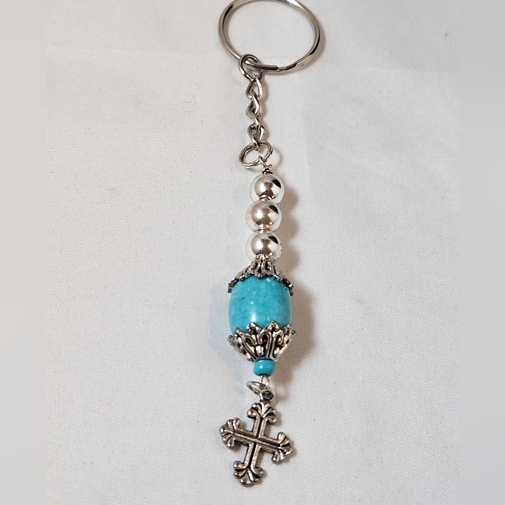 Hand Crafted Turquoise And Silver Cross Keychain